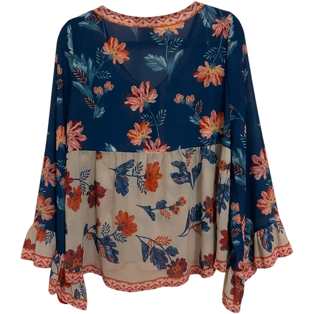 •CCO SALE• FLYING TOMATO Boho Floral Print Colorblock Bell Sleeve Lace Up Top L - Picture 6 of 13